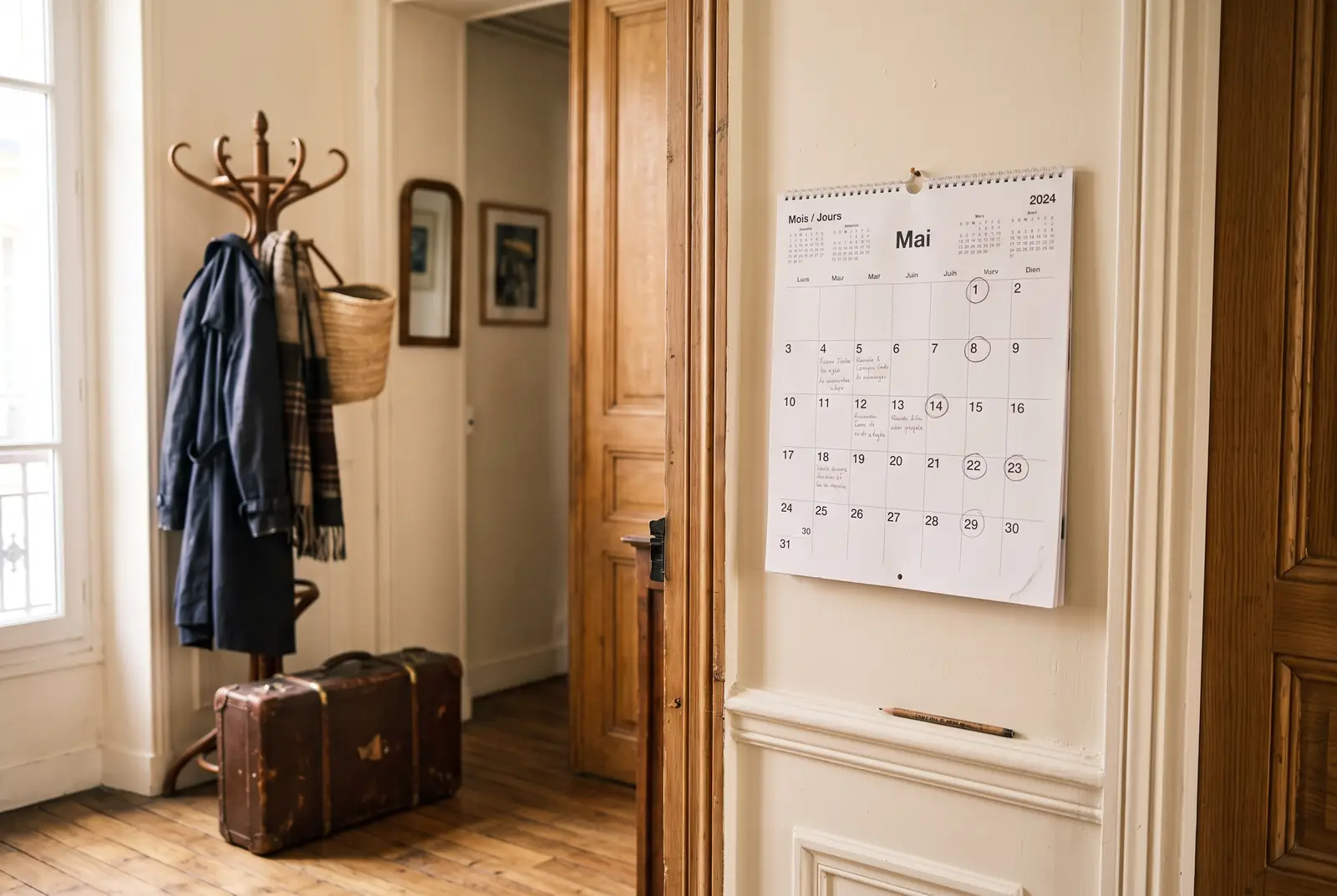 Calendrier mural annoté posé dans l’entrée d’un appartement lumineux
