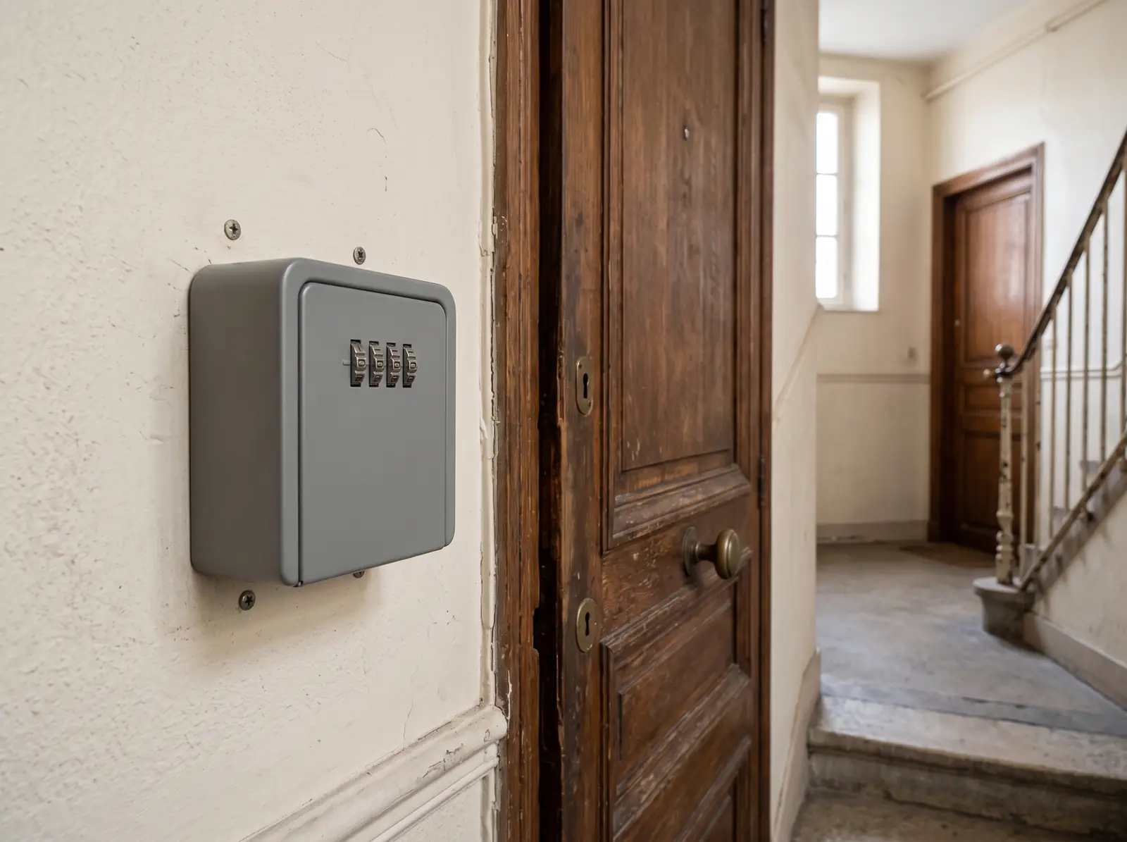 Boîte à clés à code fixée à l’entrée d’un appartement