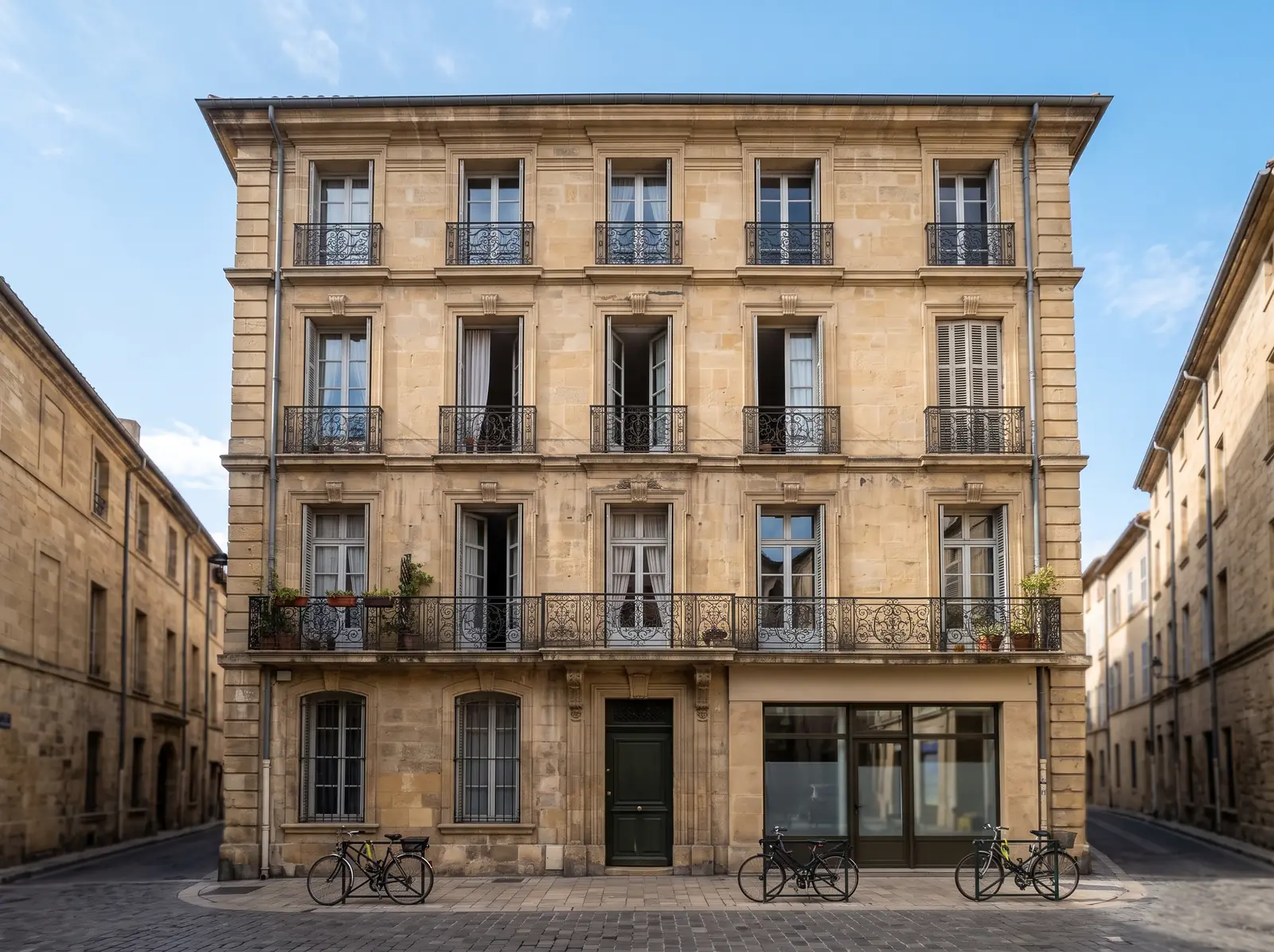Façade d’immeuble ancien en pierre avec balcons