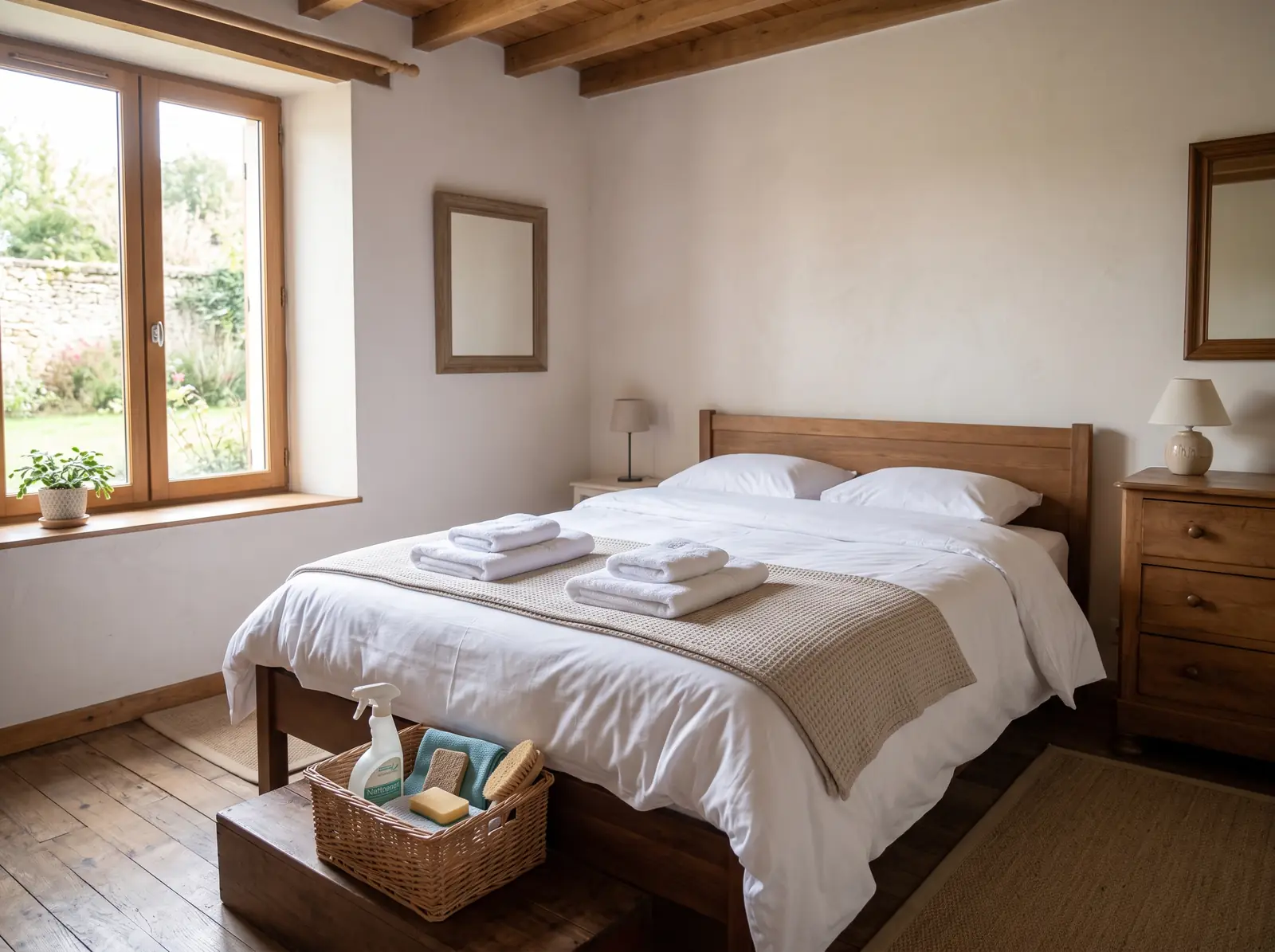 Chambre de location préparée avec linge propre et serviettes pliées
