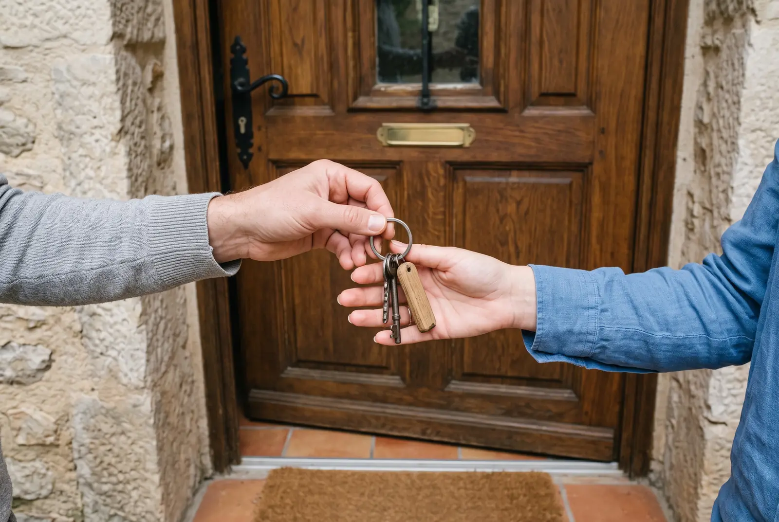 Deux mains qui se transmettent un trousseau de clés devant une porte