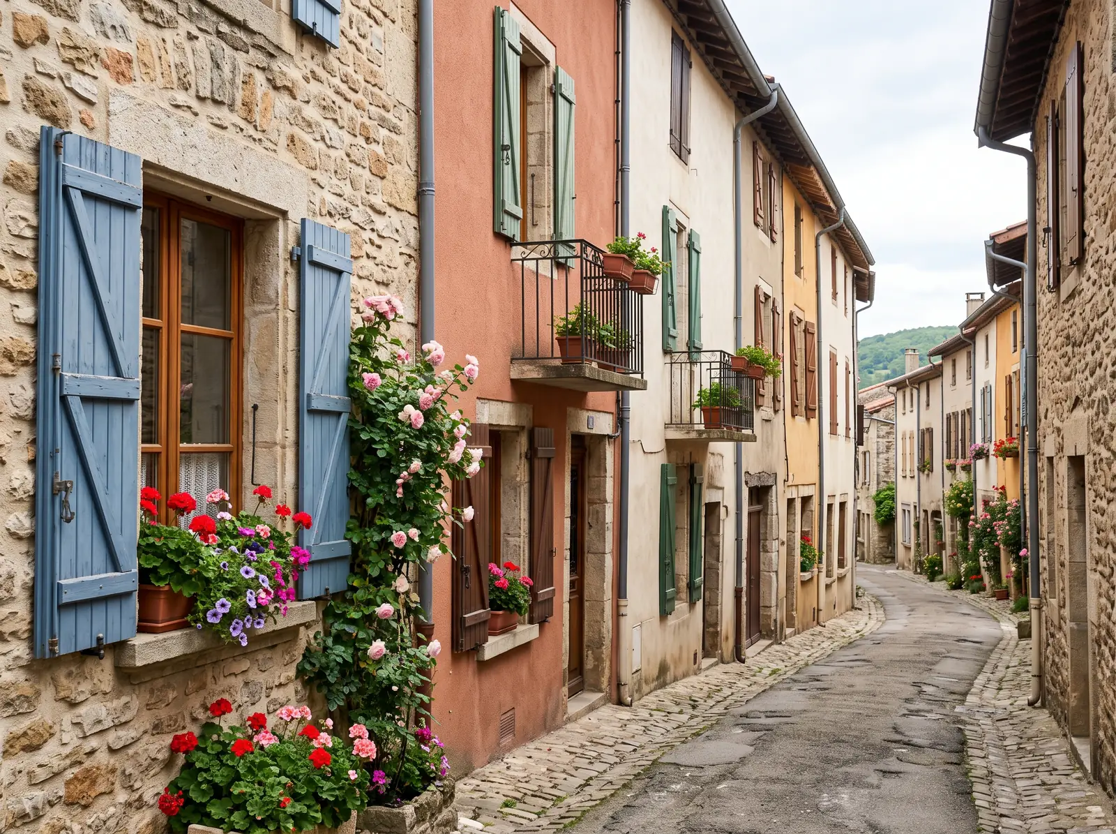 Rue pavée d’un village touristique aux volets colorés