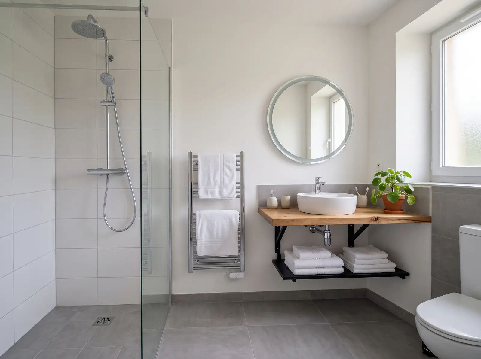 Salle d’eau soignée avec douche à l’italienne et serviettes pliées