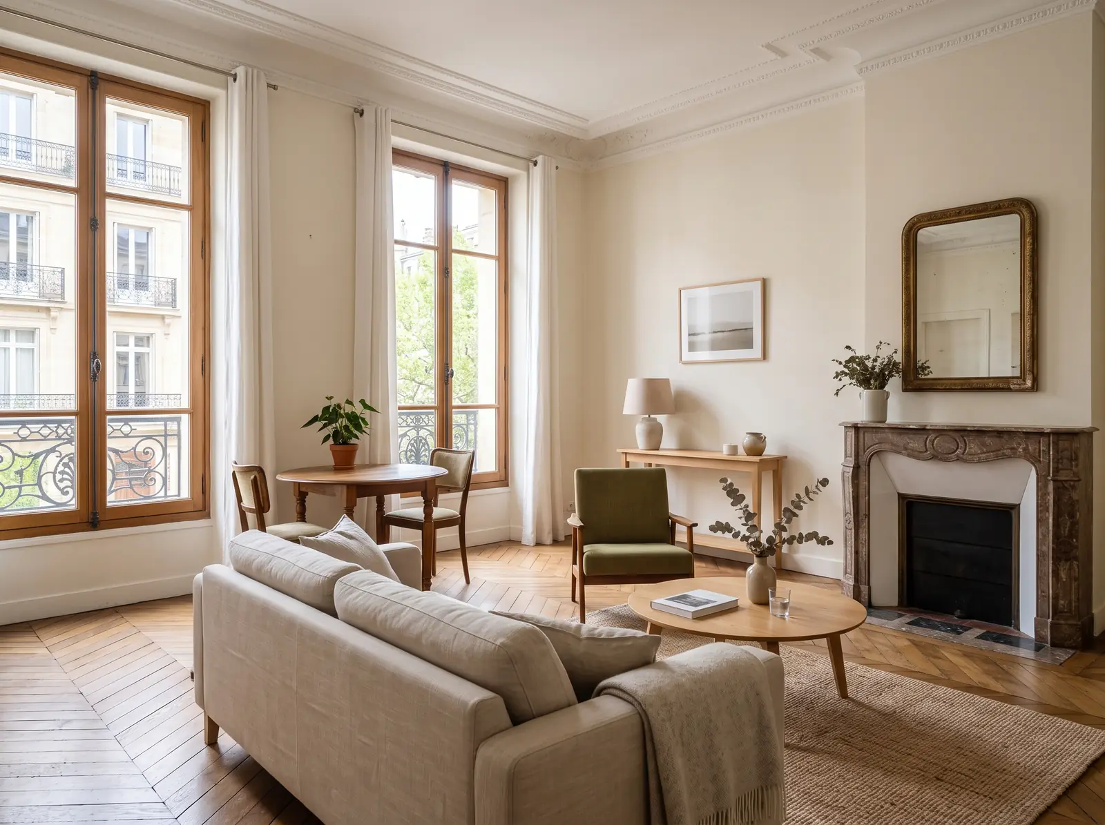 Salon lumineux d’un appartement ancien avec parquet et moulures