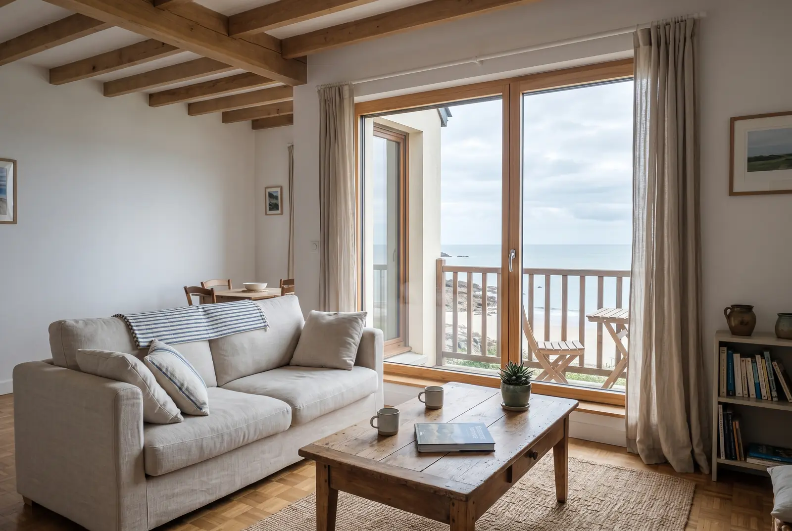 Séjour lumineux d’un appartement de vacances avec balcon face à la mer